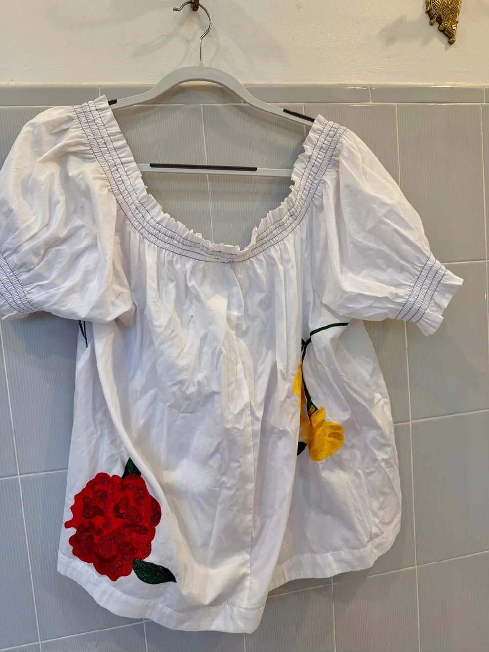 Anthropologie White Peasant Blouse with Multicolor Floral Embroidery NWOT